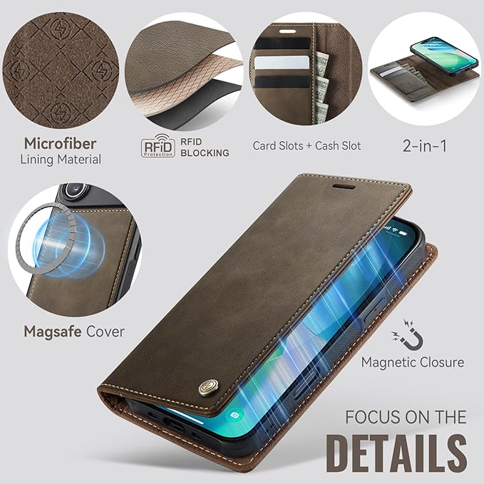 PlusnapX Wallet Case for iPhone Air Compatible with Magsafe, 2-in-1 PU Leather Flip RFID Blocking Card Holder Stand ShockAirof Magnetic Detachable Cover for iPhone 17 Air Case 6.5", Brown