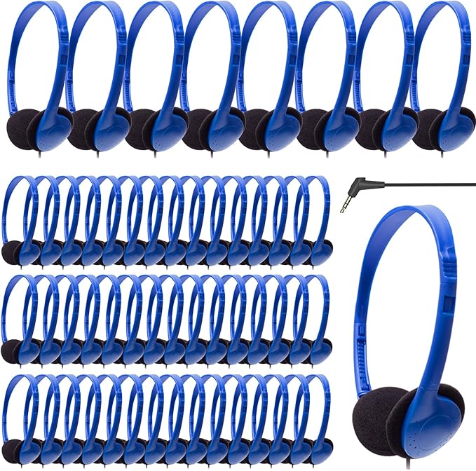 Kids Headphones Bulk 100 Pack for School Classroom Student Children Toddler Boys Girls Teen and Adults, Wholesale Wired Computer Earphones Class Set for Library Museums Airplane (HY857,100 Blue)