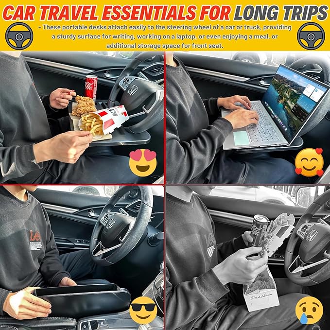 2-in-1 Steering Wheel Desk - Steering Wheel Tray Table with Seat Gap Filler Organizer | Car Food Tray for Driver | Car Desk for Laptop & Eating - Work Road Trip Essentials Accessories