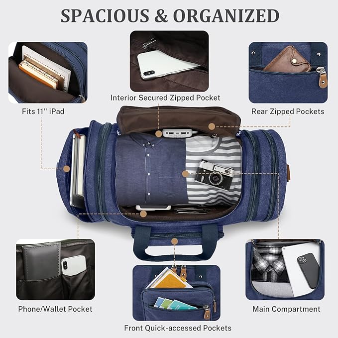 Gonex Canvas Duffle Bag for Travel 60L Expandable Duffel Weekend Overnight Bag men (Blue)