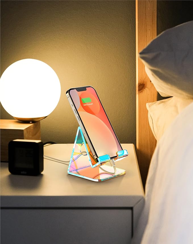 TOPGO Acrylic Phone Stand, Clear Phone Holder for Office Desk, Vanity, Kitchen Counter, Bedside Table, Compatible with iPhone 17 16 15 14 13 12 Pro Max Plus/Smartphones/iPad/Switch - Iridescent Color