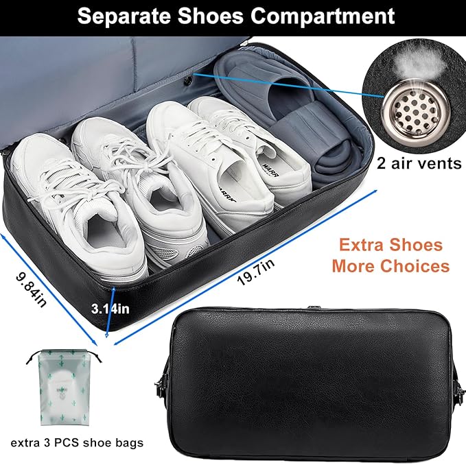 weiatas Faux Leather Travel Duffel Bag for Women Men, Large Weekender Overnight Bag with Shoes Compartment, Waterproof Carry On Bag Travel Tote Bag Gym Bag with Luggage Strap (Black)