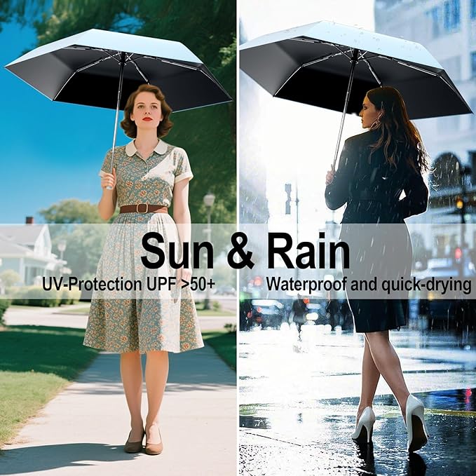 Automatic Mini Travel Windproof Folding Umbrella - UV Protection, Instant Open/Close for Rain/Sun, Small Compact Lightweight Design Fits in Tote Bag/Travel Case/Backpack for Commute, Women & Men