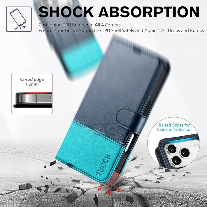 TUCCH Case Wallet for iPhone 17 Pro (6.3") 2025, Stand, RFID Blocking, 4 Card Holder, TPU Shockproof Inner Shell, PU Leather, Magnetic Closure Folio Protective Cover, Blue & Lake Blue