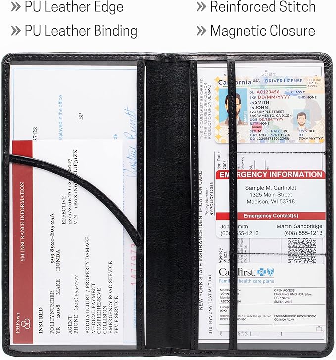CANOPUS Car Registration and Insurance Holder, PU Leather Card Holder, Vehicle Glove Box Organizer for Auto, SUV, Truck, Black