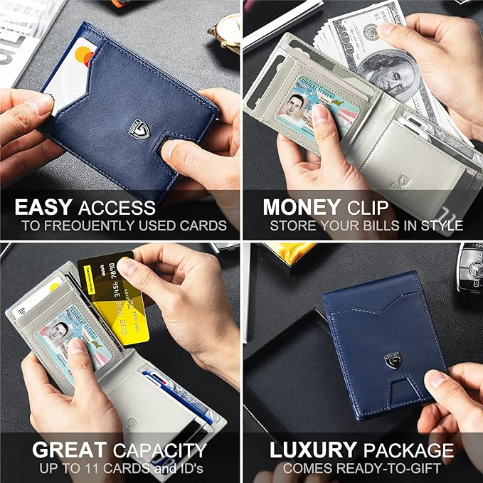 GSOIAX Mens Slim Wallet for Men Minimalist Genuine Leather Carbon Fiber Rfid Blocking Bifold Credit Card Holder With Gift Box (Dark Blue and Beige)