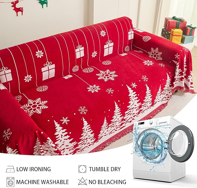 MEETSKY Christmas Couch Cover for Sectional Sofa, Chenille Loveseat Red Sofa Covers Washable for Pet Friendly Cedar Decorative Couch Covers, 71" x 118"