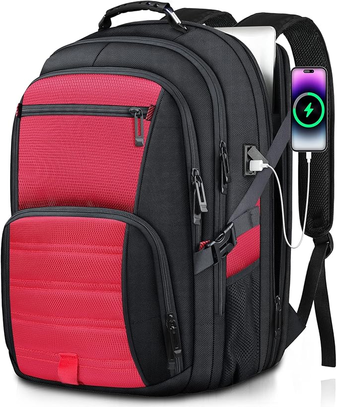 50L Extra Large Backpack,Laptop Backpack, Travel Backpack for Men, Big Backpack, Water Resistant School Approved Business Work Computer Heavy Duty Bag with USB Port, Fits 17 Inch Laptop, Red