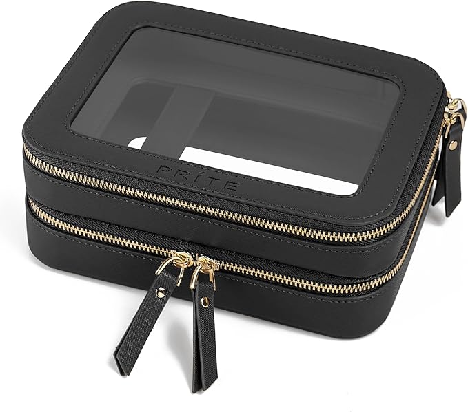 Prite Clear Makeup Bags Double Layer Cosmetic Bags with a Separate Brush Compartment Travel Makeup Bag for Women Travel Accessories Organizer for Purse(Black)