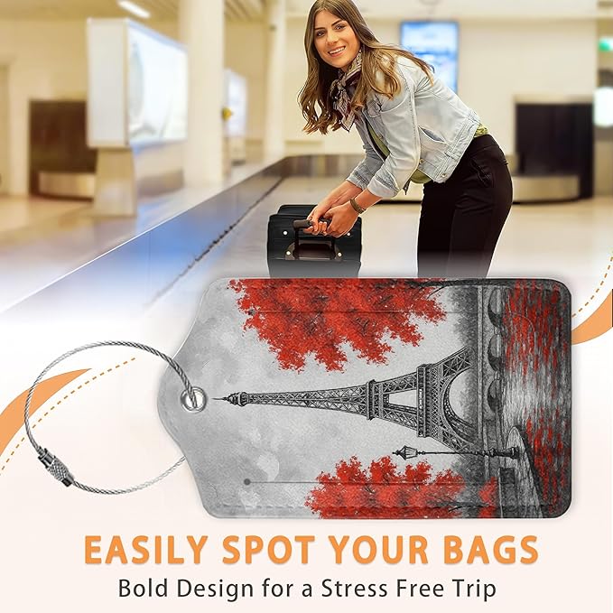 Eiffel Tower Paris 3 PCS PU Leather Luggage Tags for Suitcase, Luggage Tag with Privacy Flap, Name ID Label and Metal Loop for Women Men Baggage Handbag School Bag Backpack