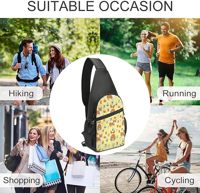 SWEET TANG Polyester Shoulder Sling Bag Multipurpose Casual Sport Daypack Unbalance Backpack with Small Pocket and Smooth Zipper, Shiba Inu Yellow Print Dog And Beverage