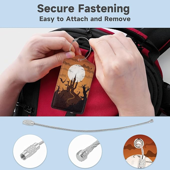 Halloween Night Full Moon Luggage Tags for Suitcases,2 Pack Bat Luggage Tag,Leather Stainless Steel Loop Label Tag for Women Men Girls Travel Bag Suitcase
