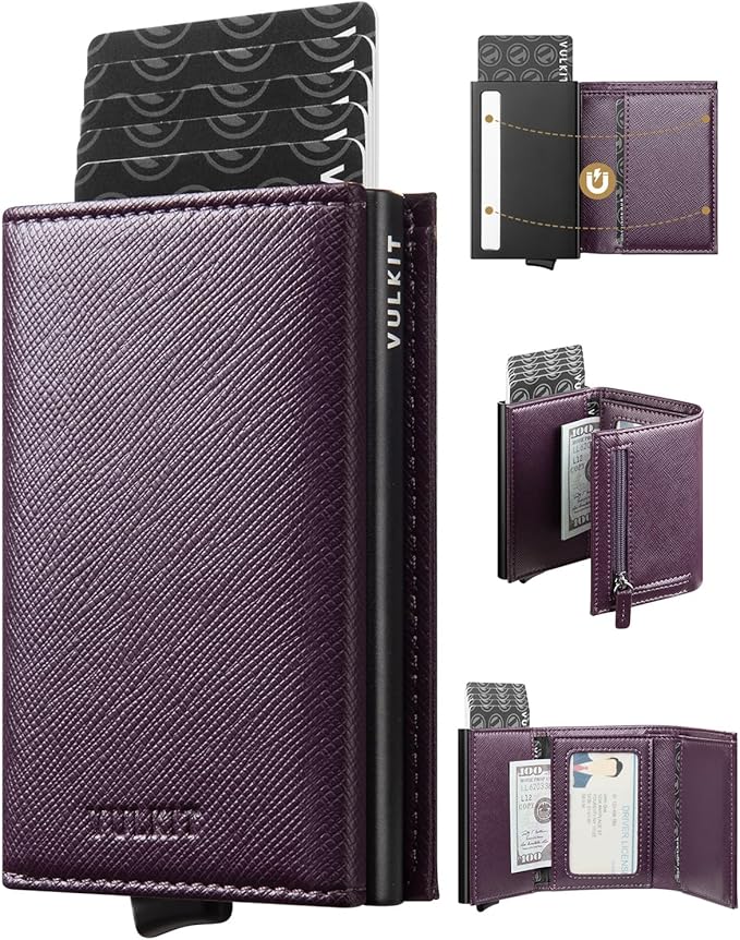 VULKIT Pop up Wallet Minimalist Cash Wallets RFID Blocking Leather Smart Credit Card Holder with Magnetic Closure for Men