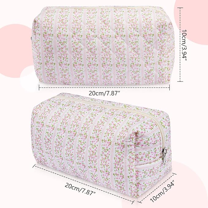 2 Pack Floral Makeup Bag, Cute Cosmetic Bag for Women Girls, Quilted Cotton Make up Pouch, Travel Makeup Bags, Portable Storage Toiletry Organizer Bag(Pink+Navy Blue)