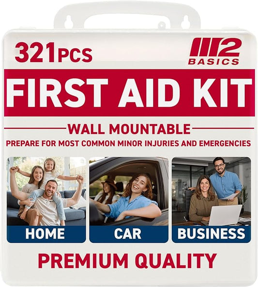M2 BASICS Premium 321-Piece Emergency First Aid Kit for Home, Car, Business, Office & Travel – Portable Durable Hard Case, Medical Supplies for School, Camping & Outdoors