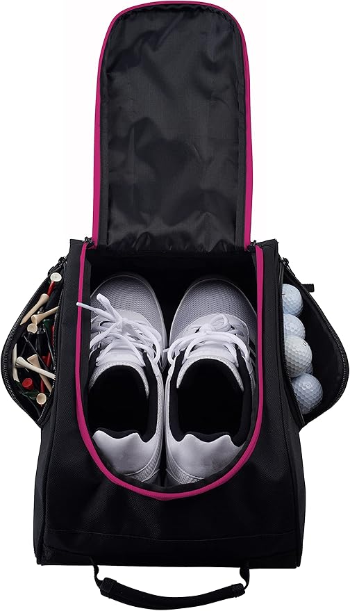 Athletico Golf Shoe Bag - Zippered Shoe Carrier Bags With Ventilation & Outside Pocket for Socks, Tees, etc. (Black/Pink)