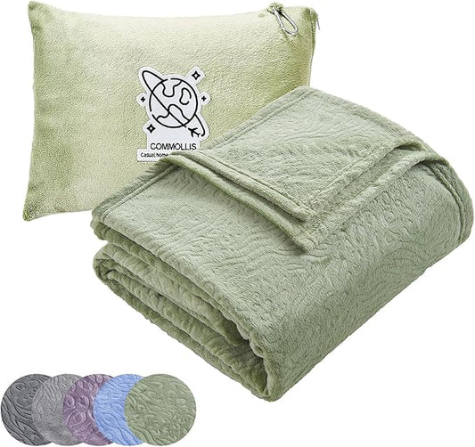 Commollis 2-in-1 Travel Blanket & Pillow for Airplane, Car, Train - Warm Compact Flight Blanket with Luggage Strap & Backpack Clip, Machine Washable, All-Season Use