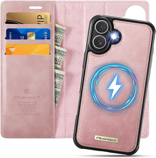 PlusnapX Wallet Case for iPhone 17 Compatible with Magsafe, 2-in-1 PU Leather Flip RFID Blocking Card Holder Stand Shockproof Magnetic Detachable Cover for iPhone 17 Case 6.3", Pink
