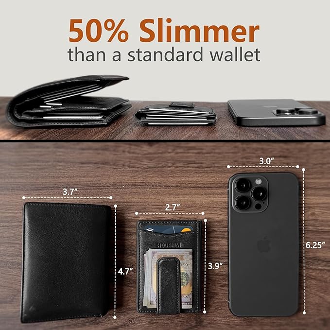Housmai Magnetic Closure Slim Wallet for Men with Money Clip Gift Boxed,Genuine Leather Front Pocket Wallet, 3.9"x 2.7", RFID Blocking