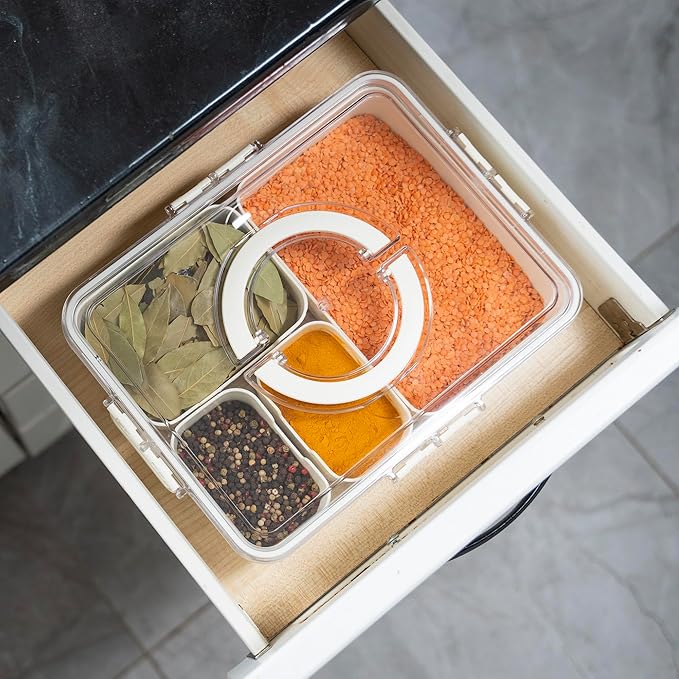 Mason & Meadow Small Snackle Box Container - Travel Snack Box Container - Snacklebox - Divided Serving Tray With Lid and Handle - Portable Snack Tray With Lid - Snackle Boxes (4 Compartments - Cream)