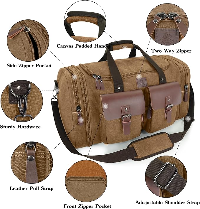 Canvas Duffle Bag for Men 50L Travel Duffel Bags Expandable Genuine Leather Duffel Overnight Weekender Carry On Bag Two Zipper Pockets Travel Bag (Coffee, Large-50L)