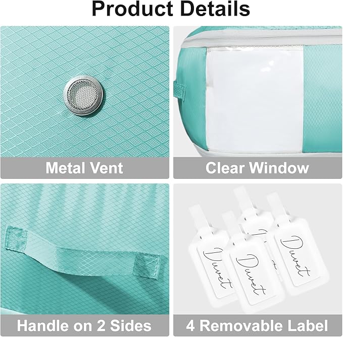 Comforter Storage Bag - Large Capacity Blanket Storage Bags 3-Layer Ultra Space Saving Self Compression Organizer, Washable Compression Bags for Storage Comforter Blanket, 4-Pack, Blue