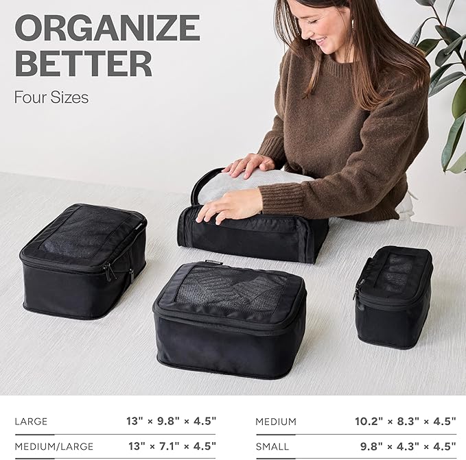 Aerotrunk Compression Packing Cubes for Travel - Luggage Organizer Bags - Double Zipper Packing Cubes for Suitcases (4-Pack, Black)