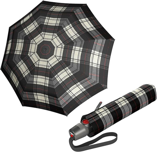 Knirps T.200 Duomatic Compact Rain Umbrella in Black/White Check– Wind Tunnel Tested to 93 mph, Aluminum Steel Fiberglass Frame, 38in Canopy, OEKO-TEX, High-Performance Automatic Travel Umbrellas