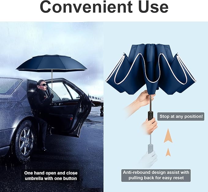 Urvoix Travel Umbrella Compact Windproof - Vented Double Canopy Umbrellas for Rain, Portable Umbrella Inverted Automatic Open Close with Reflective Strip