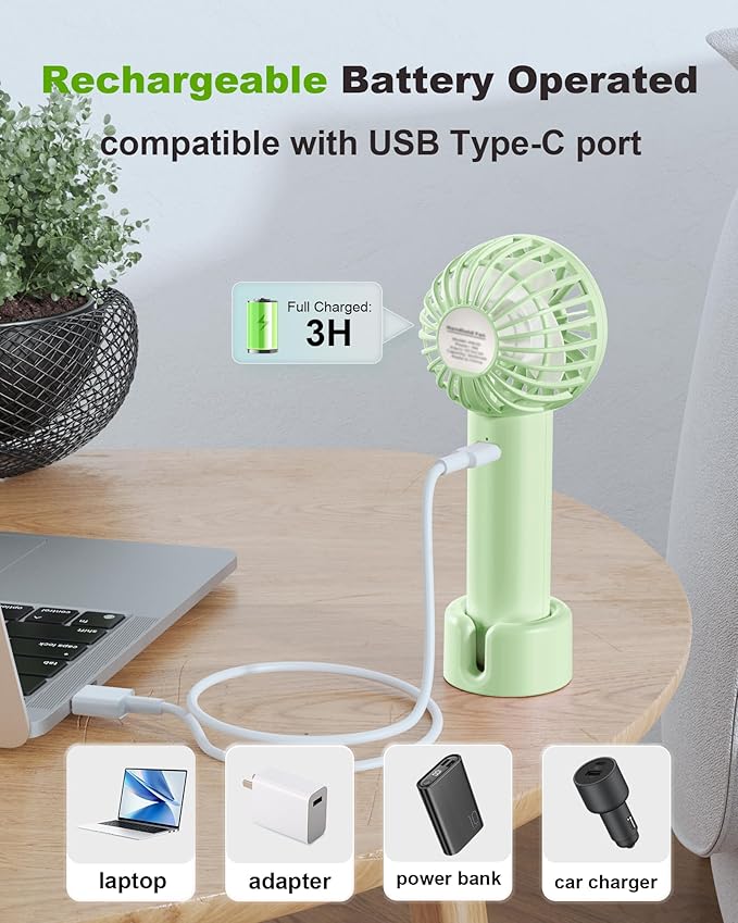 Coohea Mini Handheld Fan, Small Cute Design, 3 Powerful Speeds, USB Rechargeable Battery Operated, Portable Personal Fan with Base & Lanyard, for Eyelash Makeup Travel Beach Office Desk, Green