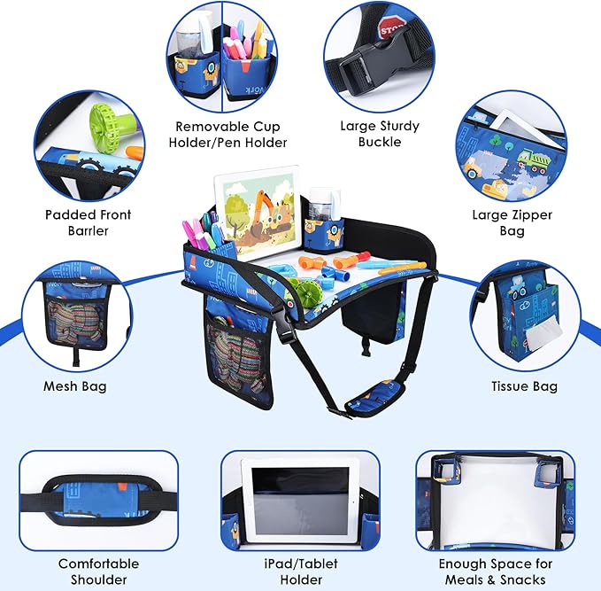 WENRENER Kids Travel Tray for Airplane - Toddler Car Seat Table Tray, Road Trip Essentials for Boys & Girls, Carseat Lap Desk for Kids Road Trip Activities (Dark Blue Car)