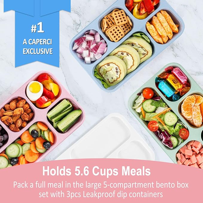 Caperci Bento Box Adult Lunchable Container - Reusable 3-Pack Snack Box Containers with 5-Compartment & 3pc Dressing Cups, BPA-Free Food Storage for Meal Prep, School, Work (Vintage Colors)