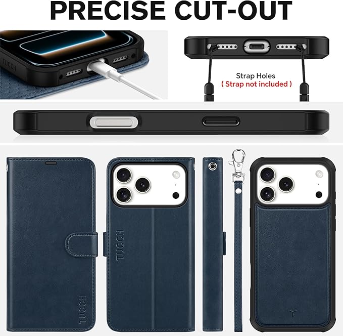 TUCCH 2-in-1 Detachable Wallet Case for iPhone 17 Pro Max 6.9" 2025, RFID Blocking | 4 Card Holders | Wireless Charging | Wrist Strap | Kickstand | Magnetic | PU Leather Protective Cover | Dark Blue