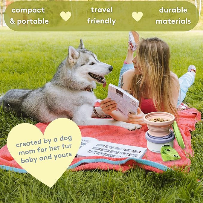Sweet Paws Travel Hero 3-in-1 Portable Pet Food Container, Silicone Water Bowl, and Poop Bag Dispenser in One, Blush Pink