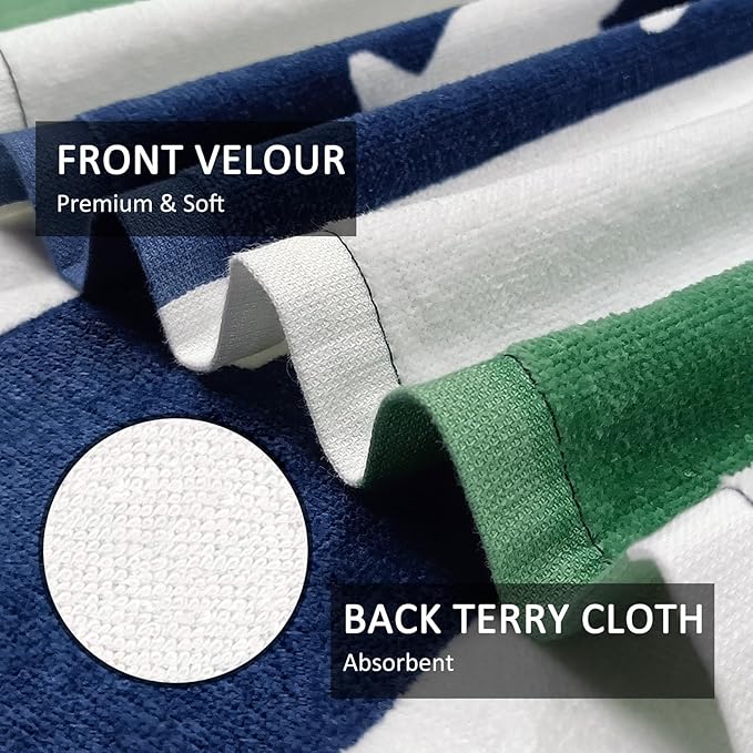 cabanana Large Beach Towel Oversized - Cotton Velour 35 x 70 Inch Sea Turtle Striped Terry Pool Towel, Cabana Soft Swimming Towel for Adults Women Men (Navy Feldspar)