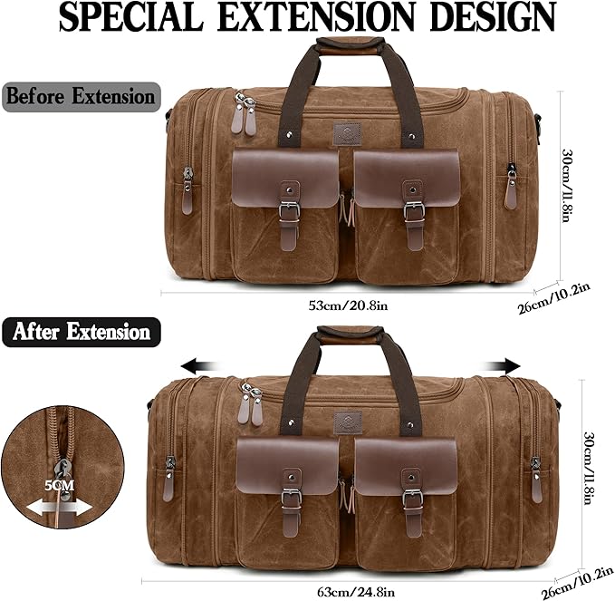 Waxed Canvas Duffle Bag for Men 50L Travel Duffel Bags Expandable Genuine Leather Duffel Overnight Weekender Carry On Bag Two Zipper Pockets Travel Bag (Vintage Dark Brown, Large-50L)