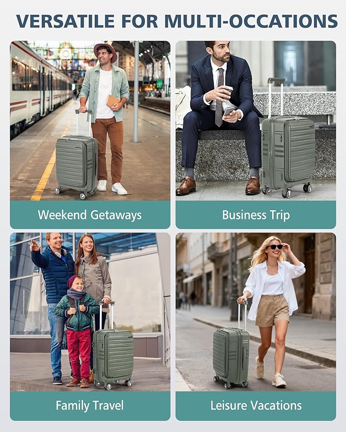 RAINSMORE Expandable Carry on Luggage 20 Inch, Airline Approved Carry on Suitcase with Front Pocket&Laptop Compartment, Hardshell Rolling Travel Luggage with Spinner Wheels,Sage Green