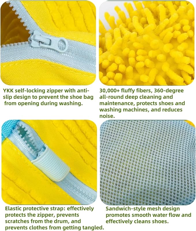 Shoe Washing Machine Bag 2 Pcs XL, Shoe Laundry Bag for Washer with Self-Locking Zipper, 360°Deep Clean Effectively Protects Shoes Suitable for Sneaker, Tennis and Other Types of Shoes (Yellow)