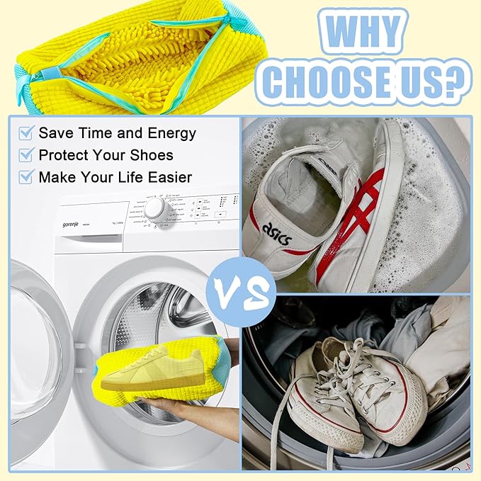 XXL Shoe Washing Machine Bag - 2-Pack Reusable Shoes Cleaning Bags, 360° Deep Clean for Tennis Shoes, Sneakers and Slippers, Includes 2 Shoe Storage Dust Bags (Yellow)