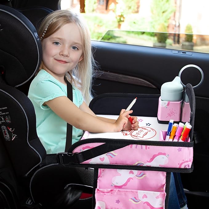 WENRENER Kids Travel Tray, Car Seat Tray for kids Travel, Toddler Road Trip Essentials With Drawing Kit, Toddler Lap Desk Organizer for Car, Carseat Table for Airplane