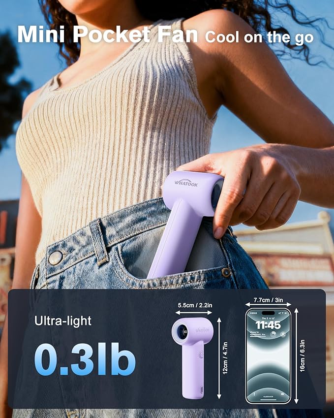 WHATOOK Mini Pocket Fan Portable Handheld Fans,3000mah Small Rechargeable Turbo Personal Fan Travel Essential Outdoor Activities Beach Vacations Camping Gifts for Women face makeup skincare（Purple）