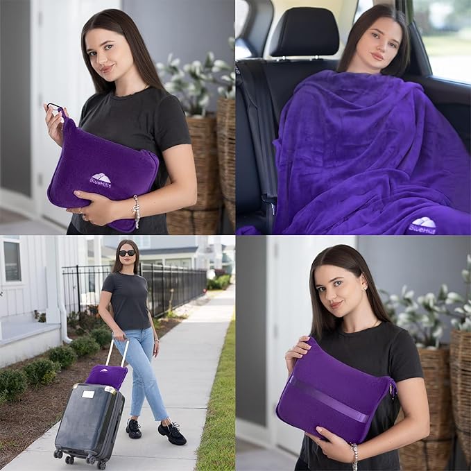 BlueHills Travel Blanket Pillow Premium Soft Plush for Airplane Travel Size Blanket Throw Long Flight Essentials in Compact Bag Plane Portable Lightweight Purple T021