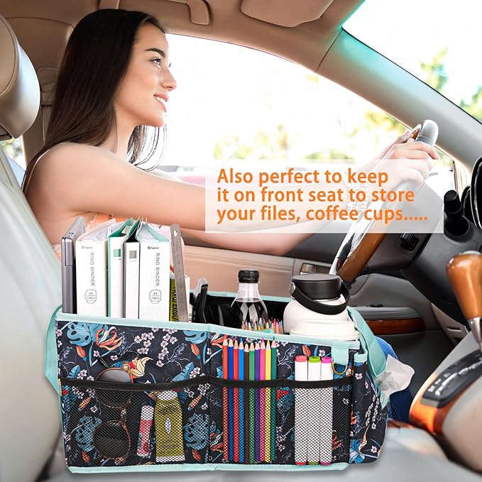 HEYSKAY Car Seat Organizer-Passenger Seat Organizer, Collapsible Small Car Seat Organizer for Console Front/Back, Car Caddy with 4pc Drink Holders Automotive Backseat Organizer for Kids