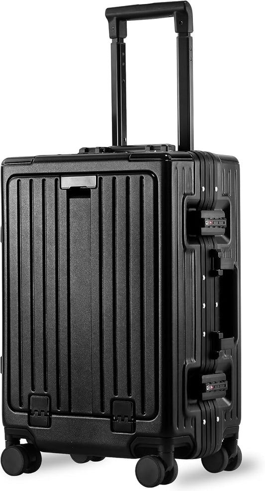 Carry On Luggage 20 Inch, Aluminum Frame Zipperless Luggage, ABS+PC Hard Shell Suitcases, Carry On with Compartment for Short Trips, Suitcase Carry-on TSA Approved (Black)
