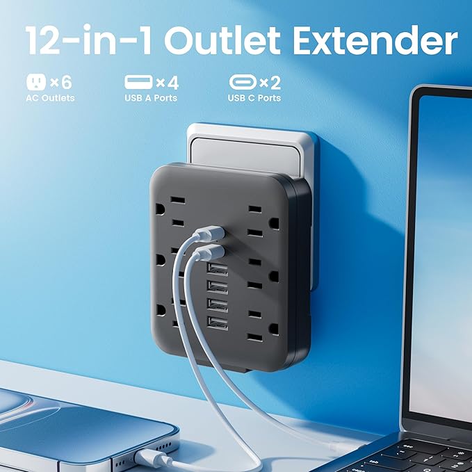 Multi Plug Wall Outlet Extender with USB Ports: 6 AC Outlets, 6 USB Ports (2 USB C), Wall Plug Power Strip, USB Plug Adapter for Wall Outlet, Outlet Splitter for Home Office Travel Cruise, Black