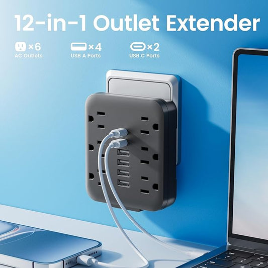 Multi Plug Wall Outlet Extender with USB Ports: 6 AC Outlets, 6 USB Ports (2 USB C), Wall Plug Power Strip, USB Plug Adapter for Wall Outlet, Outlet Splitter for Home Office Travel Cruise, Black