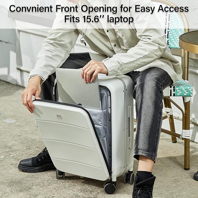 MILADA Carry On Luggage 22x14x9 Airline Approved Spinner Wheels TSA Luggage 20 Inch Hard Shell Suitcases Front Opening Pocket Rolling Aluminum Frame Travel Luggage,Smoke White