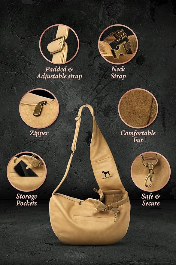 Noah & Paw Dog Sling Carrier for Small Dogs 3-10lb, Dog Sling for Small Dogs and Cats, Dog Carrier with Adjustable Padded Strap, Vegan Leather Lined with Fur, 3X Safety Features, Machine Washable