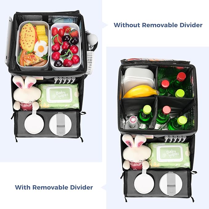 COOLBEBE Car Seat Organizer, Backseat Car Organizer with Cup Holders for Kids and Adults Travel, Cooler Compartment Passenger Seat Organizer Storage Box for Front or Middle Seat, Grey