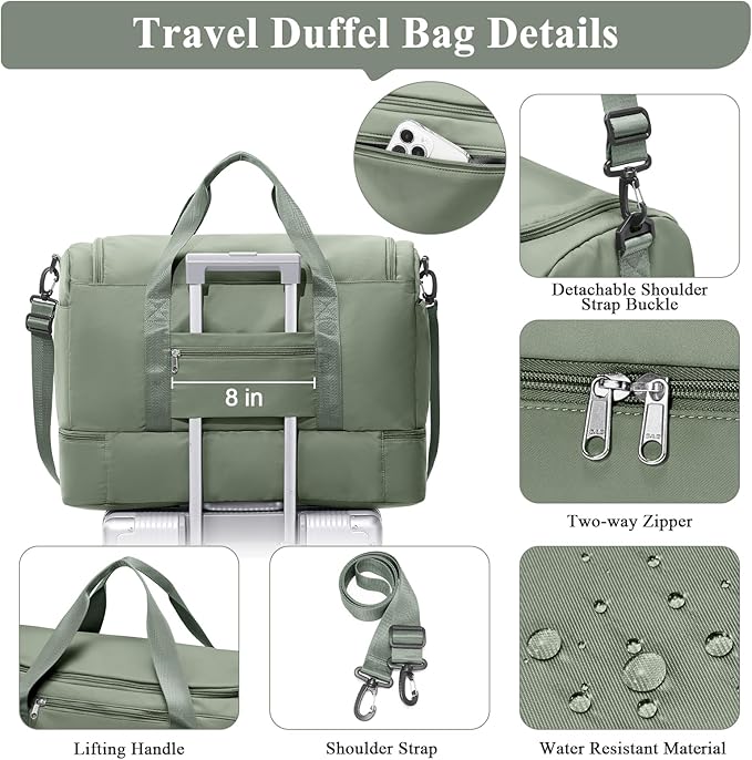 Large Travel Duffle Bag,Carry on Overnight Weekend Bag with Shoes Compartment,Weekender Bags for Women for Travel Business Trips Sport Hospital,3 Pcs Set,Olive Green
